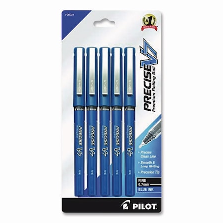 Pilot Precise V7 Rollerball Pen, Stick, Fine 0.7 mm, Blue Ink, Blue/Clear Barrel, 5PK 26021