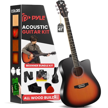 Pyle Steel String Acoustic Guitar Kit, 4/4 Full Size Cutaway All-Wood Guitarra Acustica with Premium PGSTGR007SBD