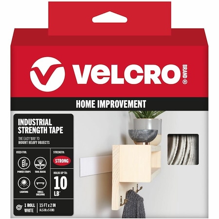 Velcro Brand Reclosable Fastener, Rubber Adhesive, 15 ft, 2 in W, White 90198