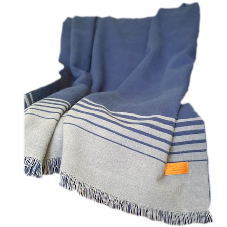 Homeroots Blue and Gray Woven Microfiber Striped Throw Blanket with Fringe 534361