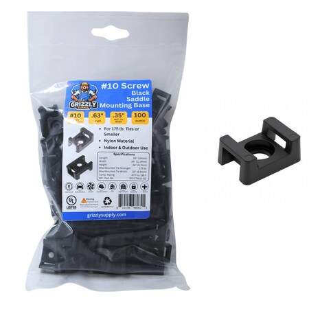 Grizzly Supply Cable Tie Saddle Mount, Mounting Base, No. 10 Screw, Nylon 6/6, UV Resistant, Black, 100PK GS-CTM10-0C