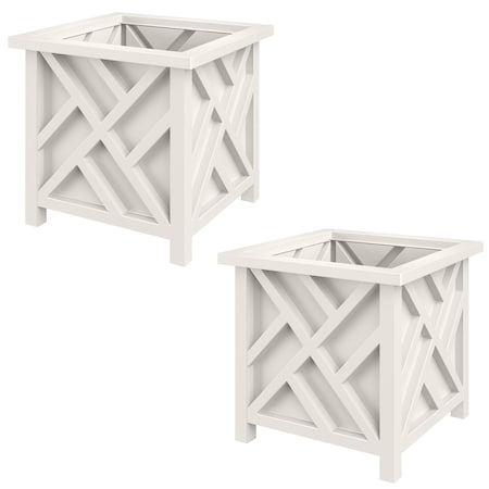 Pure Garden Lattice Design Outdoor Planter Box 15.5" Square 16.5" Tall White Decorative Plant Pots, 2PK 50-LG1359-2