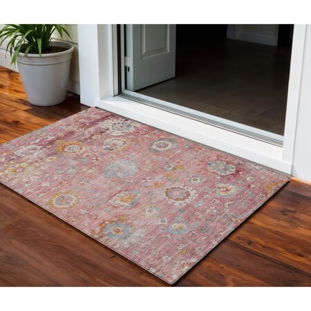 Homeroots 3' X 5' Pink Gray And Gold Floral Washable Indoor Outdoor Area Rug 604084