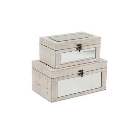 Homeroots Set of Two White Wood And Mirrored Glass Box With Lid, 2PK 489339