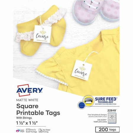 Avery Printable Tags with Strings, 1-1/2 in W, White, Square, 200 PK 22849