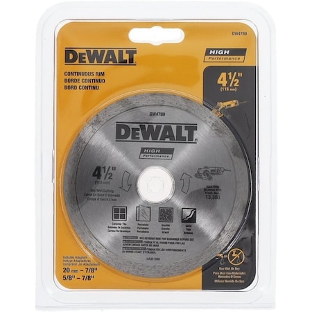 Dewalt Continuous Rim Blade, 4-1/2 in Dia, 0.06 in Thick, 5/8 in Arbor DW4789