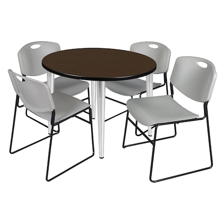 Regency Round Kahlo Breakroom Table W/ 4 Zeng Stack Chairs, 36 in W, 36 in L, Neo Walnut TPL36RNDNWCM44GY