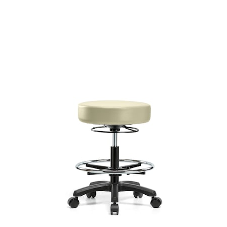 Blue Ridge Ergonomics Vinyl Mini-Stool-Medium Bench Ht with Chrome Foot Ring & Casters in Adobe White Trailblazer Vinyl VMBMS-RG-CF-RC-8501
