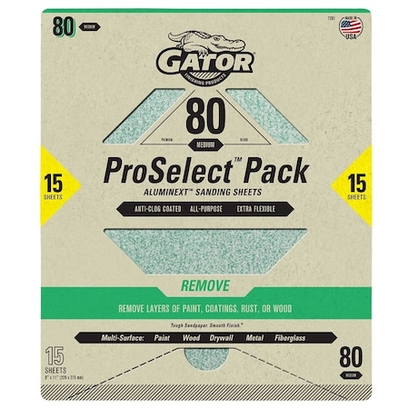 Gator Sanding Sheet, 11 in L, 9 in W, Medium, 80 Grit, Aluminum Oxide Abrasive 7281