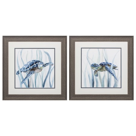 Homeroots 19" X 19" Distressed Wood Toned Frame Turtle In Grass, Set Of 2, 2PK 365278