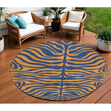 Homeroots 8' Navy Blue And Pink Round Animal Print Washable Indoor Outdoor Area Rug 600680