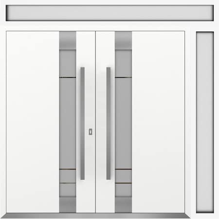 Vdomdoors Metal Double Doors Deux 1713 White Enamel Frosted Glass 1 Sidelight and Top Transom Entry Modern Pa DEUX1713DEXD-BEM-W72+12xH96+12-RH-I