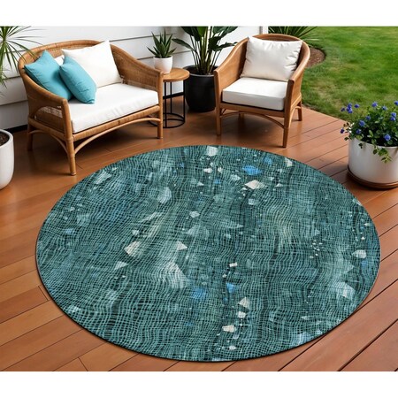 Homeroots 8' Teal Blue And Ivory Round Abstract Washable Indoor Outdoor Area Rug 631187