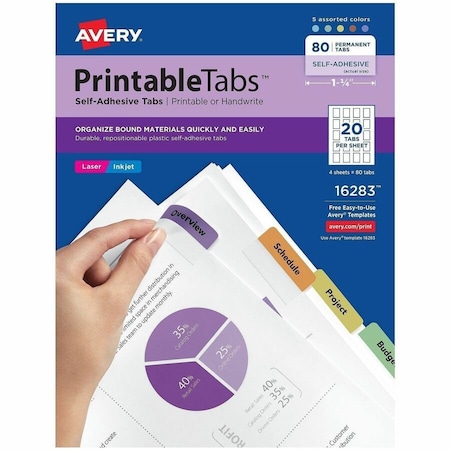 Avery Printable Self-Adhesive Tabs, 1-3/4" Width, Assorted, 80 Tabs/Pack 16283