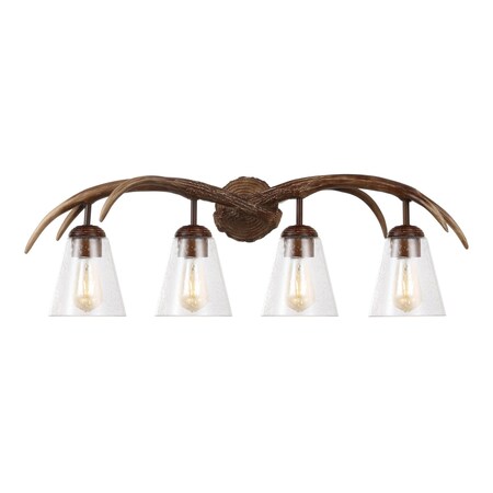 Jonathan Y Wyatt 32.5" 4-Light Southwestern Bohemian Resin/Seeded Glass Faux Antler LED Vanity Light, Brown Wood JYL6315A