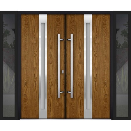 Vdomdoors Metal Double Doors Deux 1744 Natural Oak Frosted Glass 2 Sidelights Entry Modern Painted 100x80 (W1 DEUX1744DEXD-OAKB-W14+72+14xH80-RH-O
