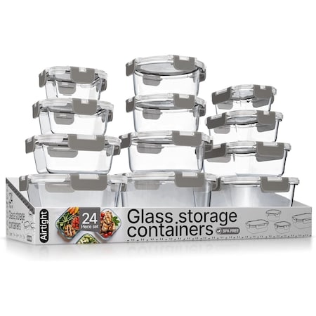 Bakkenmaster Borosilicate Glass Food Storage Containers with Lids, BPA-Free, Airtight and Leak-Proof, Gray, 24PK EMPGFCL24GY