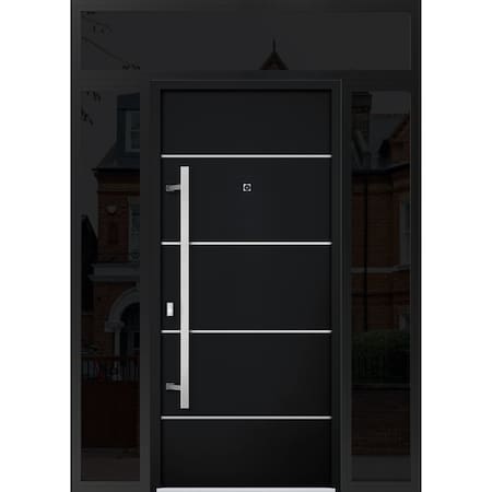 Vdomdoors Steel Door Deux 6083 Black Enamel 2 Sidelight and Transom Window Sidelite Stainless Inserts Entry D DEUX6083EXD-BLK-W12+36+12 x H80+16-RH-I