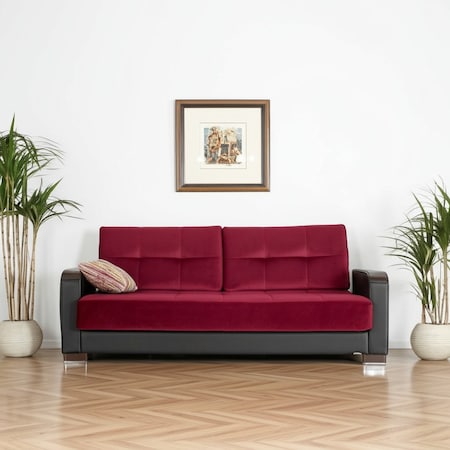 Homeroots 87" Burgundy Microfiber And Faux Leather Convertible Futon Sleeper Sofa And Toss Pillows w/Storage 607174