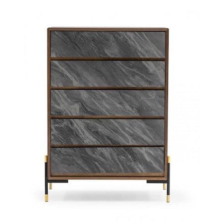 Homeroots 30" Walnut And Grey Manufactured Wood Five Drawer Chest 473087