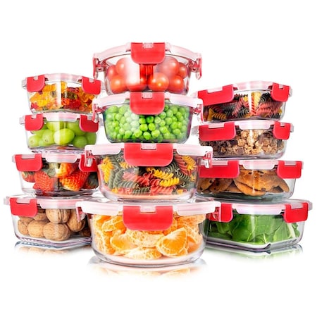 Serenelife 24 Piece Glass Storage Containers with Lids, Glass Meal Prep Container Set for Lunch, Red, 24PK SLGL24R