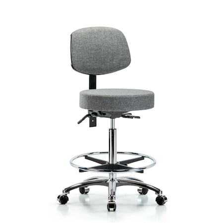 Blue Ridge Ergonomics Fab Stool with Back Chrome-High Bench Height with Seat Tilt, Chrome Foot Ring, andCasters in Gray Fab BR-FHBST-CR-T1-CF-CC-F44