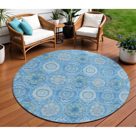 Homeroots 8' Denim Blue Sky Blue And Ivory Round Floral Medallion Washable Indoor Outdoor Area Rug 614583