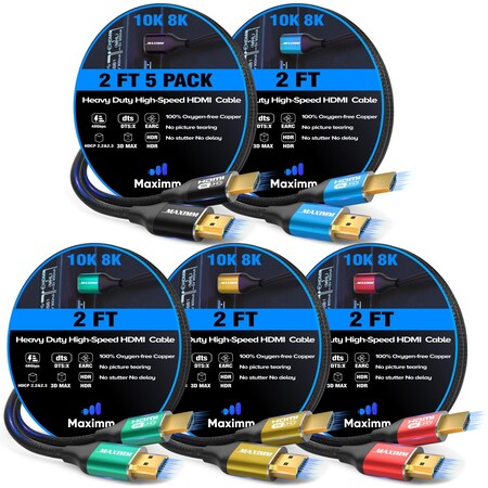 Maximm 2ft 8K 60Hz 48Gbps HDMI 2.1 Braided Cable, Multi-Color, 5PK MX1-8K-2FT-5PK