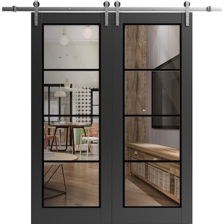 Sartodoors Sturdy Double Barn Door with Clear Glass, Lucia 2466 Matte Black and Aluminum Strips, 13FT Rail Ha LUCIA2466DB-S-BLK-60 x 80 (2* 30x80)