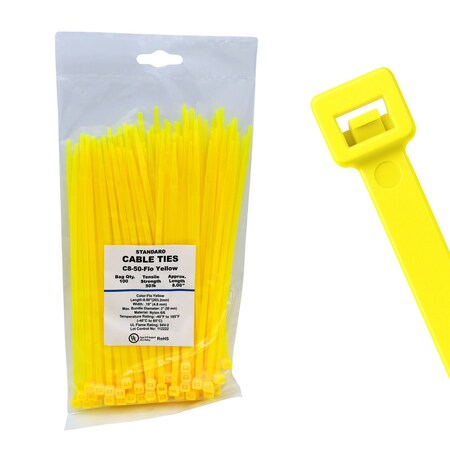 Cable Ties Unlimited Cable Tie, 8 in L, 50 lb Strength, 2.2 in Max Bundle Dia, Nylon 6/6, Fluorescent Yellow 100PK C8-50-Flo Yellow