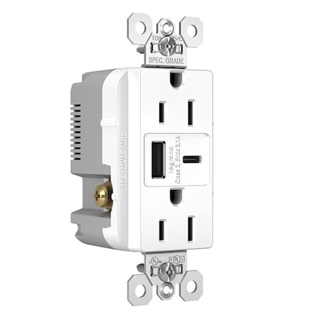 Legrand USB Receptacle, 15 A, White, Nylon TR15USBACW