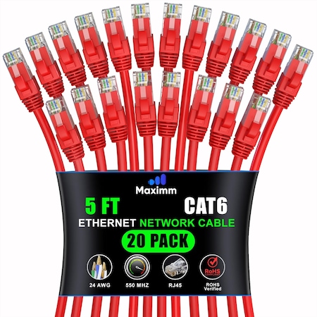 Maximm Cat6 Ethernet Cable 5ft 10Gbps 550MHz UTP, 20PK, Red, 20PK CAT6CCA-5RD-20PK