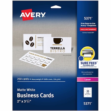 Avery Dennison Business Cards, Laser, 2x3.5, PK250 5371