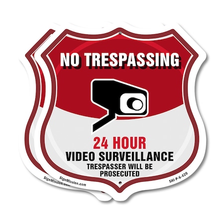 Signmission No Trespassing Shield Sign 24 Hour Video, 6 inch X 6 inch, Plastic Sign, 2PK SHI-P-2PACK-6-420