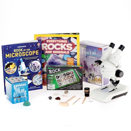 Amscope Kid's Natural Gemstone Discoverer Set featuring Deluxe All-In-One Stereo Microscope, Ultimate Natura KVB-GEM-122-DIS