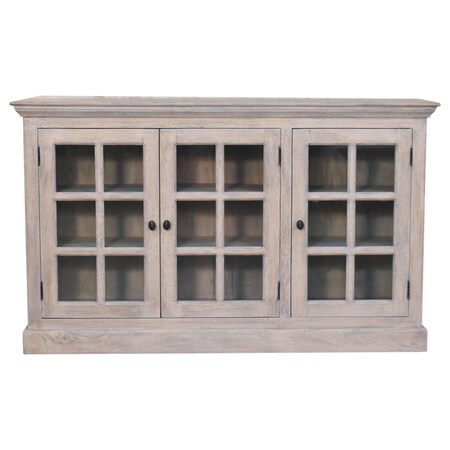 Homeroots 35in Light Gray and Clear Distressed Solid Wood Accent Cabinet With Three Doors 654291