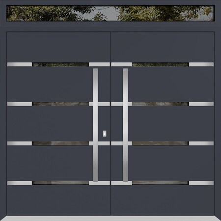 Vdomdoors Metal Double Doors Deux 1105 Gray Graphite Mirrored Glass Top Transom Entry Modern Painted (W72xH96 DEUX1105DEXD-GRE-W72xH96+16-LH-I