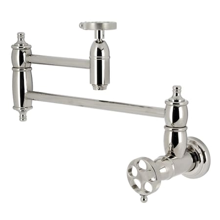 Kingston Brass Wall Mount Pot Filler Faucet with Knurled Handle, Polished Nickel KS3106RKZ