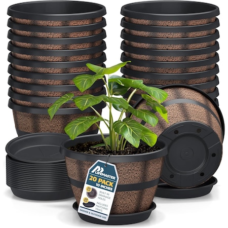 Lifemaster 10-Inch Whiskey Barrel Planters, Rustic Plastic Pots with Drainage and Saucers, 20PK LMPBP20BW
