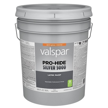 Valspar Pro-Hide Silver 5000 7300 Interior Paint, Semi-Gloss Sheen, Antique White, 5 gal, Plastic Pail 028.0073007.008