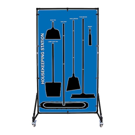 5S Supplies 5S Housekeeping Shadow Board Broom Station Version 2 - Blue Board / Black Shadows With Broom HSB-V2-BLUE-KIT