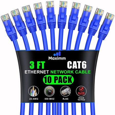 Maximm Cat6 Ethernet Cable 3ft 10Gbps 550MHz UTP, 10PK, Blue, 10PK CAT6CCA-3BL-10PK