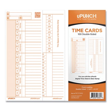 Upunch Time Card for PK1100 Time Clock, Two Sides, 3.38 x 8.25, 100PK PKTC1100