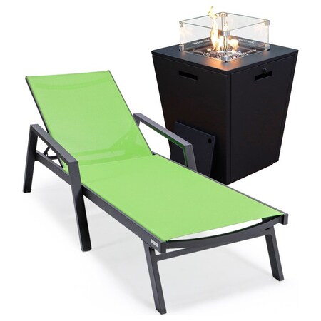 Leisuremod Marlin Black Aluminum Patio Chaise Lounge Chair With Arms & Square Fire Pit Table, Green MLABLCF21-77G