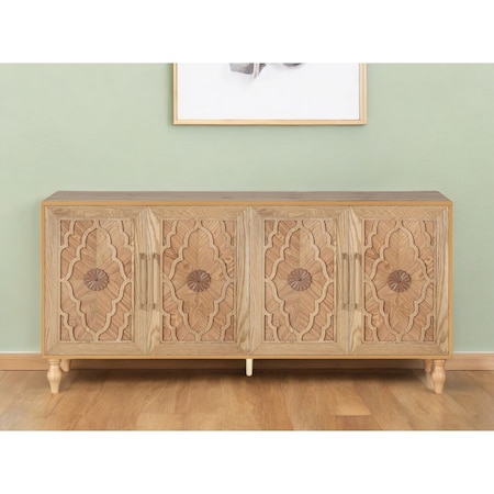 Homeroots 68" Natural Distressed Carved Geometric Sideboard with Four Doors 568412