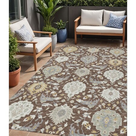 Homeroots 5' X 8' Brown Gray And Ivory Damask Washable Indoor Outdoor Area Rug 599401
