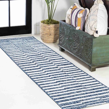 Jonathan Y Sukie Modern Offset Stripe Blue/Ivory 2 ft. x 10 ft. Indoor/Outdoor Runner Rug SMB133D-210