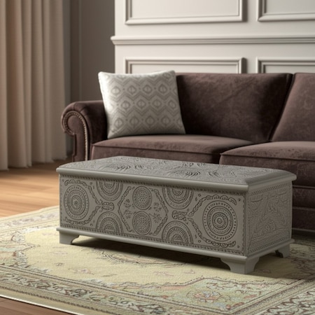 Homeroots 54" Gray Carved Geo Scroll Solid Wood Storage Ottoman 565174