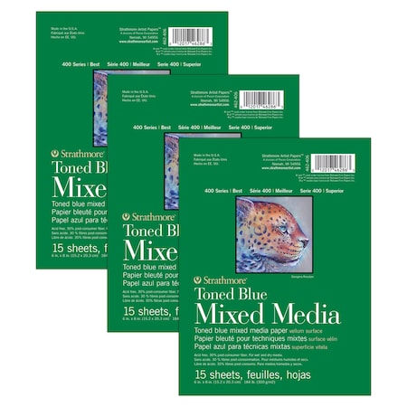 Strathmore 400 Series Mixed Media Pad, Toned Blue, Glue Binding, 15 Sheet, 6x8 inch, 3PK P462-406