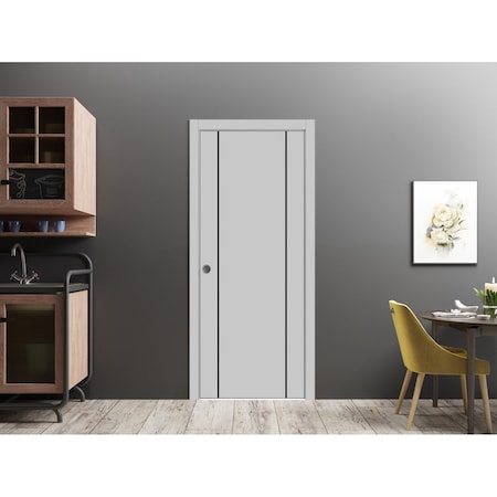 Sartodoors Sliding French Pocket Door with, Planum 0017 Matte Grey and Aluminum Strips, Kit Trims Rail Hardwar PLANUM0017PD-GRE-3684